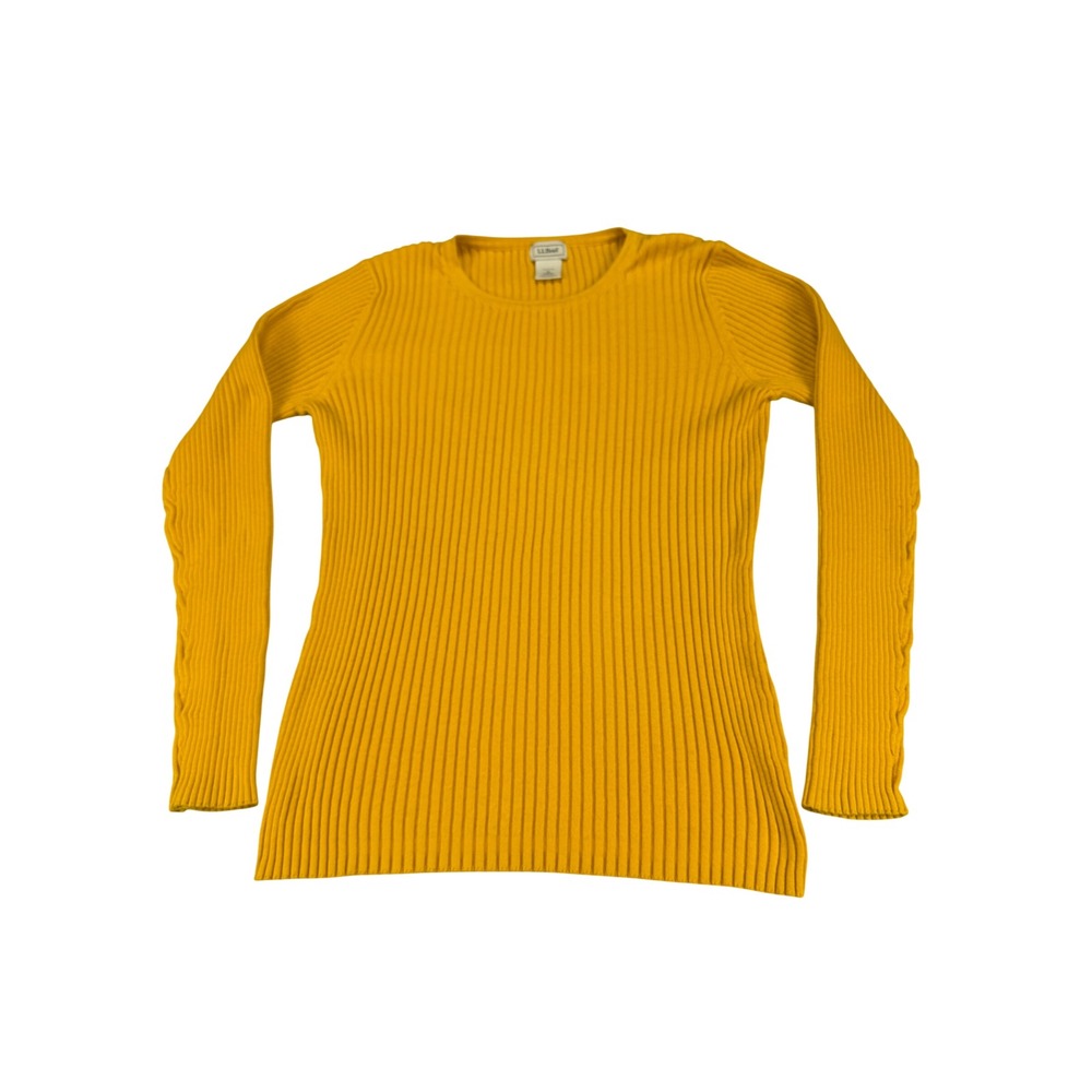 LL Bean Womens Mustard Yellow Ribbed Knit Cotton Long Sleeve Sweater 0JXU2 M